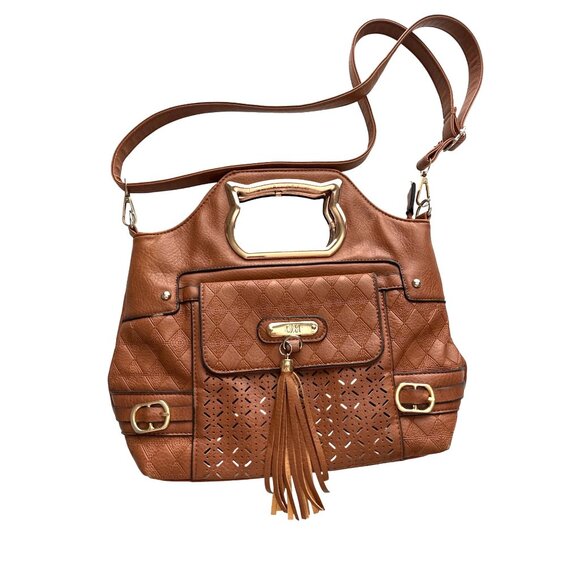 OOH Brown Multi Way Handbag Gold Cat Cutout Handle Perforated Faux Leather - Picture 2 of 8